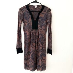 Y2K Grunge‎ Sheer Mesh Sleeve Midi Dress Brown Black Baroque Scroll Print M